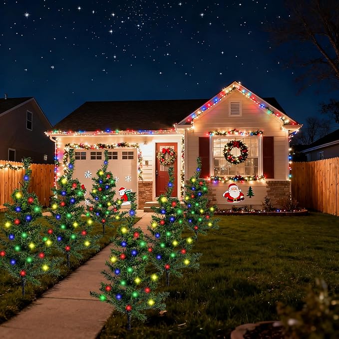 2 Pack Solar Christmas Tree Lights Outdoor - 22 Inch Solar Christmas Tree with 100 LED Multi-color C6 String Lights for Outside Decorations, Outdoor Decor Xmas Lighted Trees for Yard Pathway Cemetery