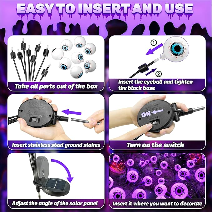 Solar Halloween Lights Decorations Outdoor: 2 Pack16 LED Scary Purple Eyeball Light Waterproof for Yard Outside Decor - Swaying Firefly Garden Lighting Pathway Party Easter Decorative