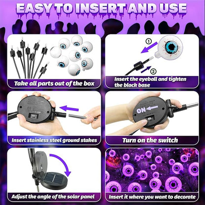 Solar Halloween Lights Decorations Outdoor: 2 Pack16 LED Scary Purple Eyeball Light Waterproof for Yard Outside Decor - Swaying Firefly Garden Lighting Pathway Party Easter Decorative
