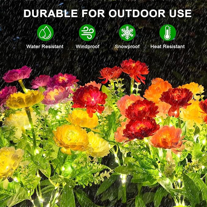 Solar Flowers Lights, 2 Pack Solar-Powered Outdoor Light with 14 Blooming Flowers, Waterproof Lights for Outside Yard, Garden, Pathway, Walkway, Patio, Lawn, Cemetery, Grave Decor