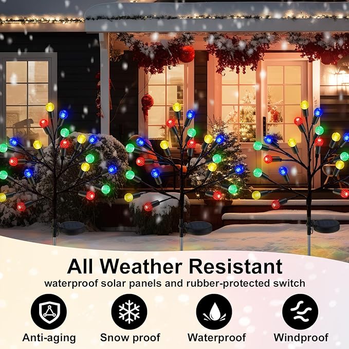 2 Pcs 40 LED Christmas Solar Pathway Lights Outdoor Decoration 28" Christmas Yard Stake Light Waterproof Solar Xmas Decoration 8 Modes Pineapple Ball Tree for Walkway Path Garden Patio