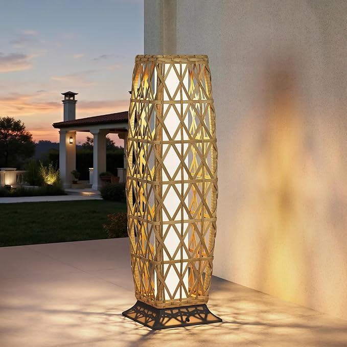 Grand patio Outdoor Floor Lamp Solar Lantern, Water-Resistant Natural Wicker Boho Patio Light with 50/100 Lumens Dual Brightness & Memory Mode for Garden Porch Deck Decor, Large Cindy Natural