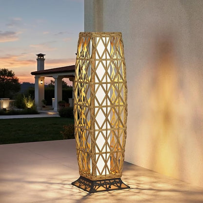 Grand patio Outdoor Floor Lamp Solar Lantern, Water-Resistant Natural Wicker Boho Patio Light with 50/100 Lumens Dual Brightness & Memory Mode for Garden Porch Deck Decor, Large Cindy Natural