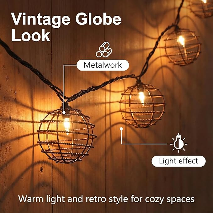 Decorative Indoor Outdoor String Lights, 10 Bulbs Patio Globe Vintage Lantern String Light, Iron Wire Twist Ball Covers, UL Listed Plug In Connectable Lights for Bedroom Porch Backyard Mantel Decor
