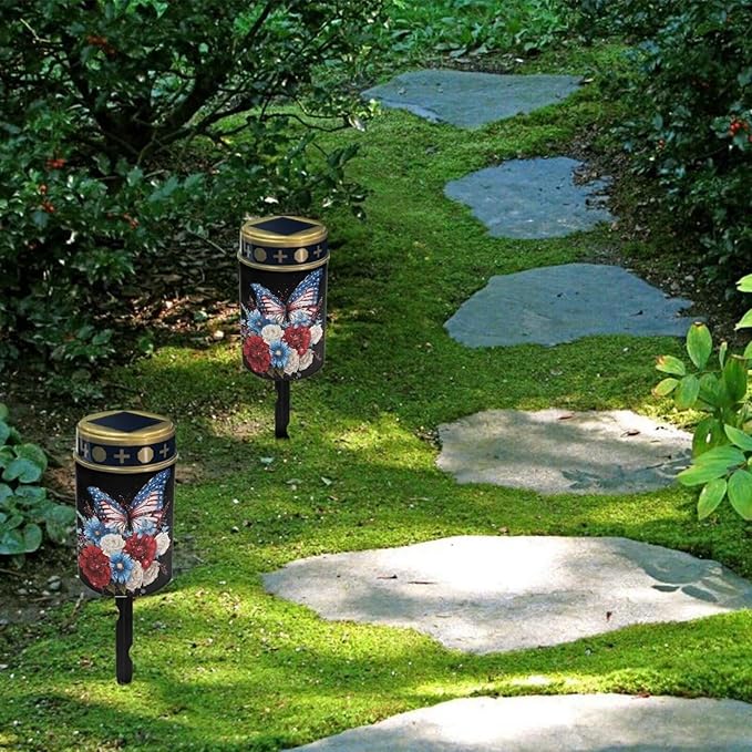 American Butterfly Cemetery Solar Stake Lights Bright Solar Powered Lights Garden Solar Light Decorative Memorial Lights for Yard, Lawn, Patio, Pathway, Backyard Gravesite Decor