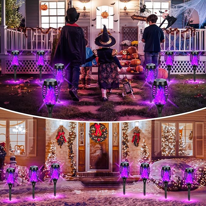 Solar Lights Outdoor, Upgraded 10 Pack Purple Solar Torch Lights Outdoor Flickering Flame for Garden Decor, Waterproof Outdoor Lights Solar Powered, Tiki Torches for Outside Yard Pathway Decor