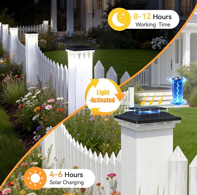 4x4 Solar Post Cap Lights Outdoor, Black Deck Post Light Solar Powered for 3.5x3.5 Vinyl/Wooden Post, Waterproof 3 Modes(Warm/Cool Light) Solar Fence Light for Garden, Patio, Porch 12pack