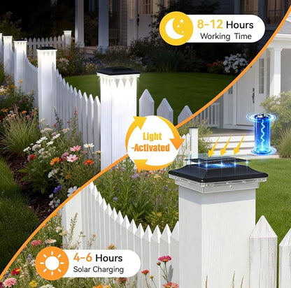 4x4 Solar Post Cap Lights Outdoor, Black Deck Post Light Solar Powered for 3.5x3.5 Vinyl/Wooden Post, Waterproof 3 Modes(Warm/Cool Light) Solar Fence Light for Garden, Patio, Porch 6pack