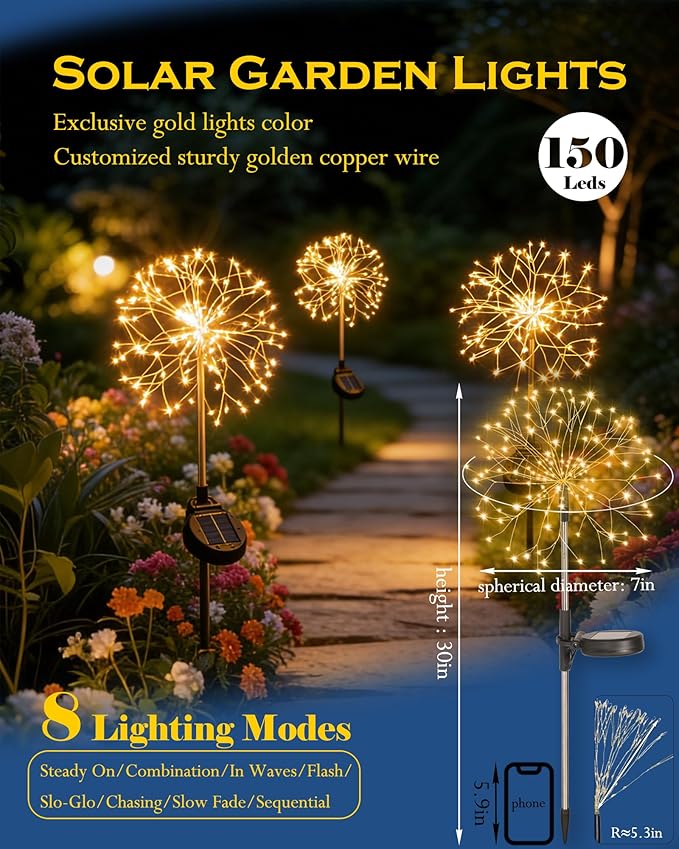 Solar Garden Lights Outdoor Yard Decorations, 2 Pack 150Leds Pathway Lights Stake, Fairy Firework Light for Garden | Lumora