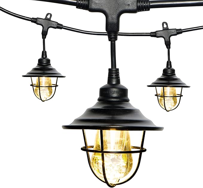 Enbrighten Vintage LED Café Lights with Oil-Rubbed Bronze Lens Shade, Outdoor String Lights, Black, 24ft, 12 Impact Resistant Lifetime Bulbs, Premium, Shatterproof, Weatherproof, Indoor/Outdoor, 43375
