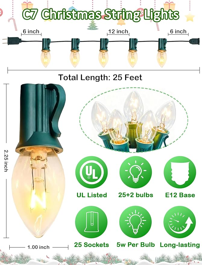 C7 Clear Christmas Lights 25FT, C7 Outdoor Patio String Lights with 27 Warm White Bulbs, Vintage Christmas Tree Lights for Roofline Roof Party Garden Decoration (Green Wire)