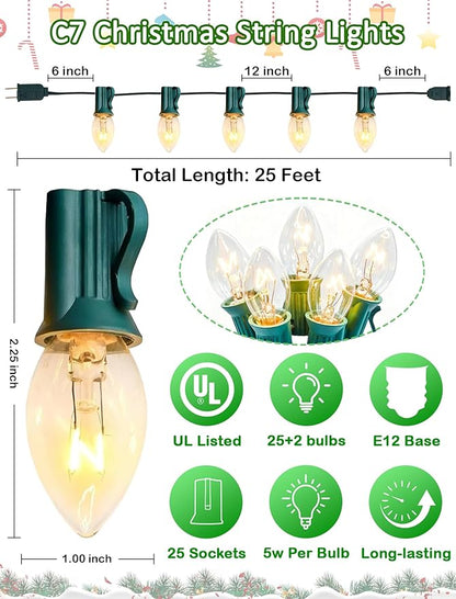 C7 Clear Christmas Lights 25FT, C7 Outdoor Patio String Lights with 27 Warm White Bulbs, Vintage Christmas Tree Lights for Roofline Roof Party Garden Decoration (Green Wire)