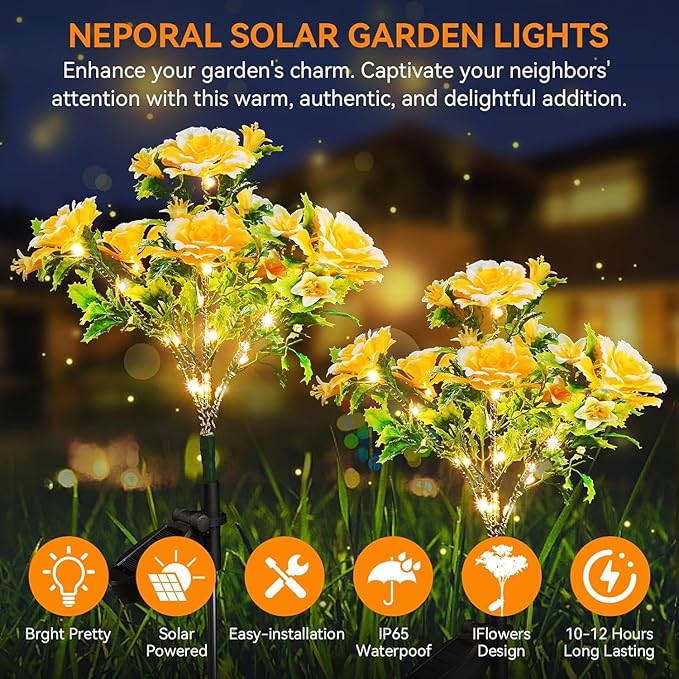 Neporal Solar Flowers Outdoor Garden Waterproof IP65, 7-Stems Yellow Carnation Solar Decorative Lights Outdoor for Outdoor Garden, Yard, Patio, Outdoor Decoration, 6PK