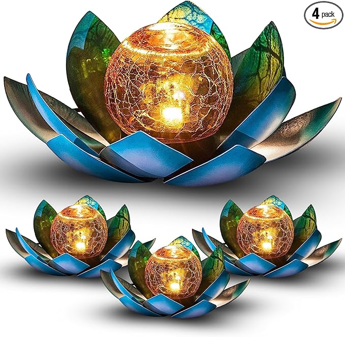 VIHOSE 4 Pcs Lotus Solar Light Outdoor LED Waterproof Art Globe Glass Decoration Outdoor Table Decor Garden Gifts Decorative Crackle Globe Glass Metal Lotus Flower for Patio Lawn (Blue)