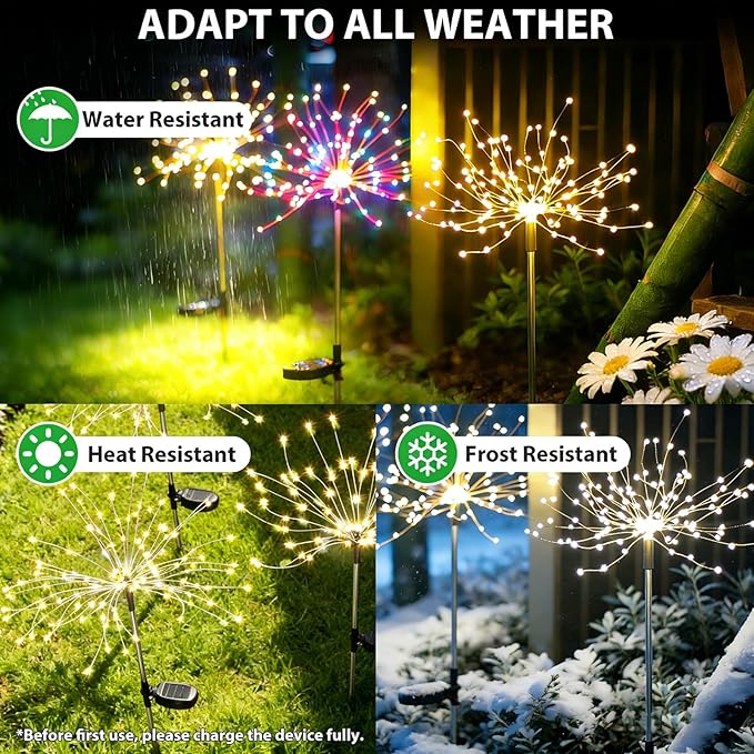 4 Pack 200LED Garden Lights Solar Powered Waterproof, Fireworks Solar Lights Outdoor for Yard Pathway, Solar Fairy Lights Christmas Decorations (2 Warm & 2 Colored)