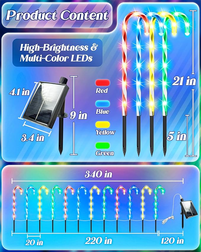Anordsem Solar Christmas Decorations Outdoor: 21" Candy Cane Stake Lights 12 Pack - Waterproof LED 8 Colorful Lighting Models for Pathway Yard Garden Xmas Decor - 2026 New Year Gifts for Homeowners