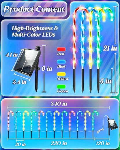 Anordsem Solar Christmas Decorations Outdoor: 21" Candy Cane Stake Lights 12 Pack - Waterproof LED 8 Colorful Lighting Models for Pathway Yard Garden Xmas Decor - 2026 New Year Gifts for Homeowners