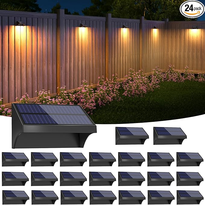 NIORSUN Outdoor Fence Lights, 24 Pack Waterproof LED Solar Fence Lights with 1500mAh Battery, Warm White/Cool White/RGB, Easy-to-Install Wall Light for Deck, Patio, Railing, Stairs, Backyard – Black