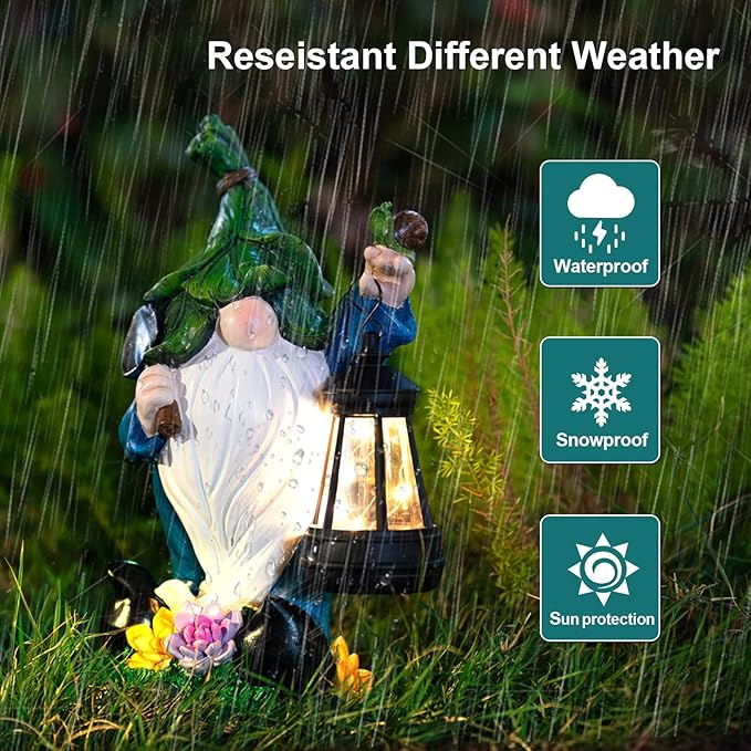 Solar Garden Gnome Statue – St Patrick’s Day Outdoor Decorations Funny Leprechaun Figurine with LED Lantern Waterproof Resin Leaf Hat Dwarf Sculpture for Patio Lawn Yard Art and Housewarming Gift