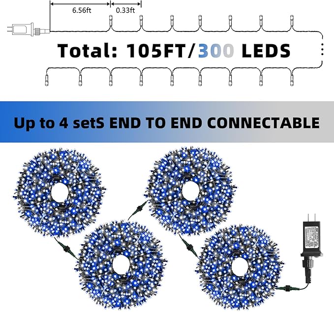 XTF2015 Christmas String Lights, 105ft 300 LED Christmas Lights 8 Modes Memory Function & Timer- UL Certified | Lumora