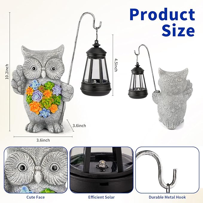 Solar Owl Garden Statue with Succulent Decor & Hanging Lantern – Outdoor Resin Decor for Patio, Yard, Balcony – | Lumora