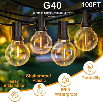 Outdoor LED String Lights with 100 Feet G40 Globe 52 Plastic Bulbs(2 Spare), Waterproof Hanging Light for Patio Backyard Porch Balcony Party Decoration