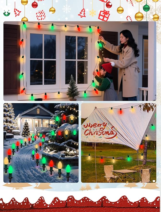 50Ft C9 LED Christmas Lights Outdoor, Vintage Christmas String Light Plug in with 52 Shatterproof C9 Red White | Lumora