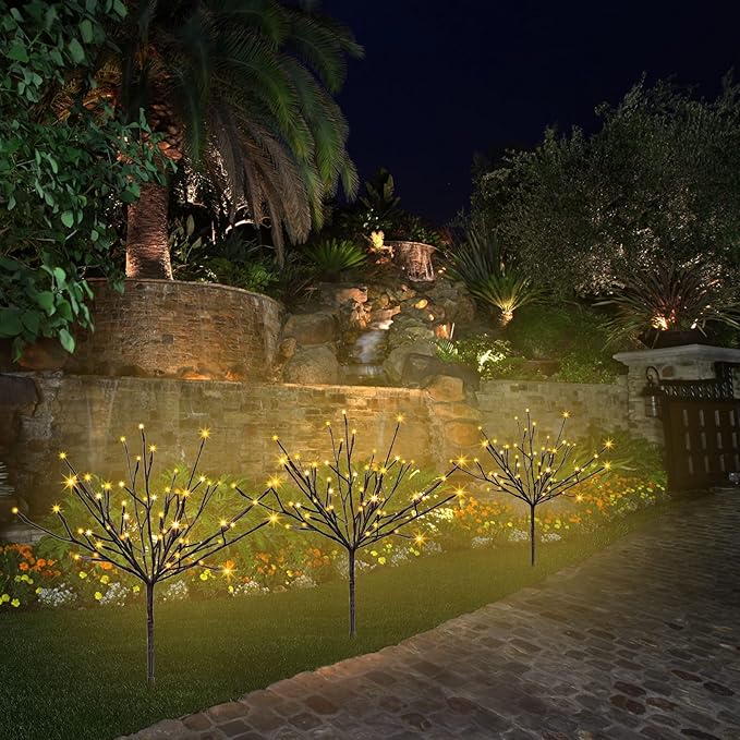 Solar Pathway Lights Outdoor,3 Pack LED Twig Garden Lights with Stakes for Walkway Driveway Yard Lighted Brown Branches 60 LED Decorative Lights 2 Lighting Modes