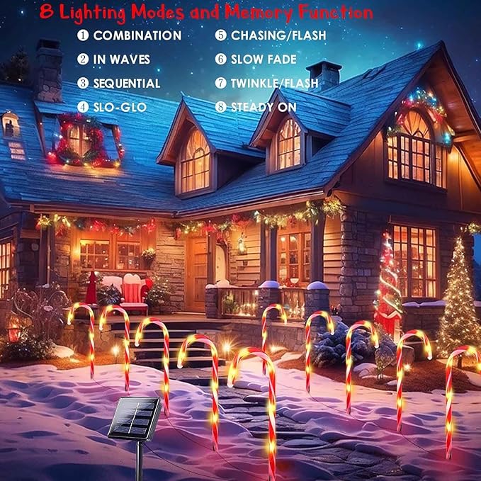 20 Pack Solar Christmas Candy Cane Lights, Christmas Decorations Outdoor Waterproof, Solar Powered Pathway Lights with 8 lighting Modes & Memory Function for Outside Party Garden Yard Patio Decoration