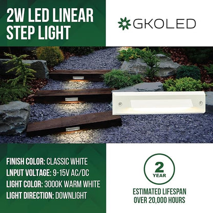 GKOLED 6 Pack LED Low Voltage Stair Lights, Linear Shape Outdoor Step Lights, Cutoff Stair Riser Light, Waterproof Landscape Lighting, 2W 9-15V AC/DC 3000K, Die-cast Aluminum, Classic White