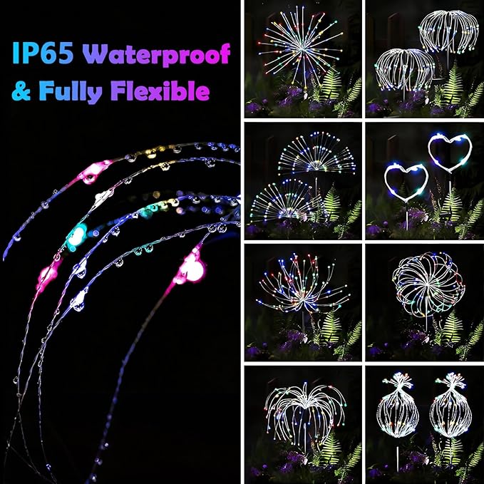 2 Pack Solar Firework Lights Outdoor - Verified 200 LED & 8 Modes - Starburst Solar Powered Garden Lights | Lumora