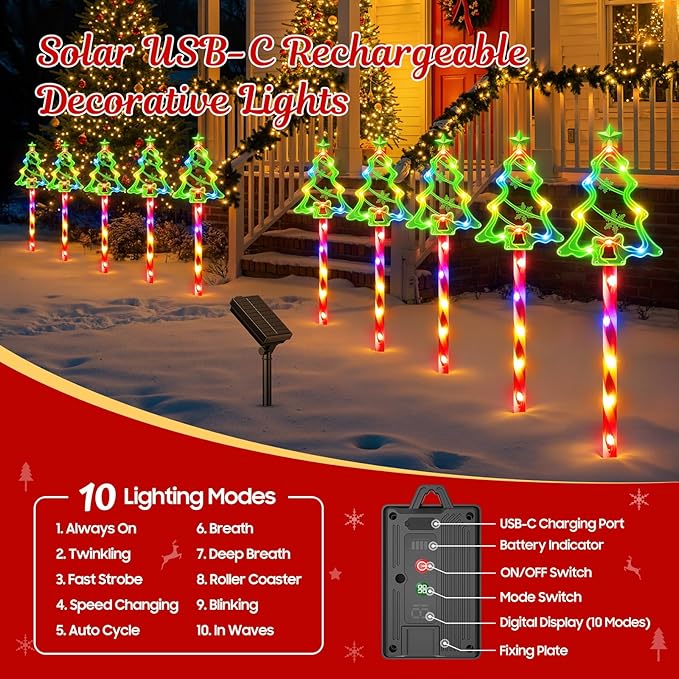 WdtPro Solar Christmas Pathway Lights Outdoor Decorations, 10 Pack Xmas Tree Candy Lights for Yard Walkway Lawn Porch, 10 Modes Led Waterproof Garden Patio Stake Lights Holiday Decor