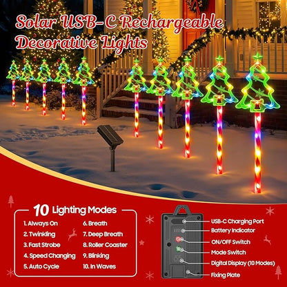 WdtPro Solar Christmas Pathway Lights Outdoor Decorations, 10 Pack Xmas Tree Candy Lights for Yard Walkway Lawn Porch, 10 Modes Led Waterproof Garden Patio Stake Lights Holiday Decor