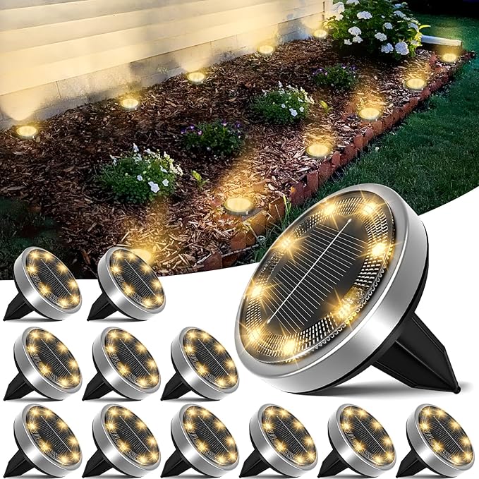 LOTMOS 12 pcs LED Solar Powered In-Ground Lights Pathway Garden Yard Lawn Walkway Driveway Lighting With Auto On/Off And Easy To Install, Solar Ground Lights For Pathway Yard Walkway Patio, Warm White