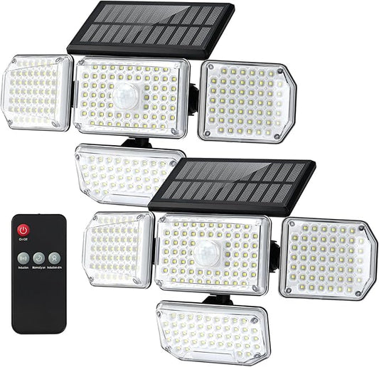 Solar Lights Outdoor, 214 LED Motion Sensor Waterproof Solar Security Light with Remote Control, 4 Heads 270° Wide Angle Flood Wall Light with 3 Modes, Auto On/Off for Outside Patio Backyard (2 Pack)