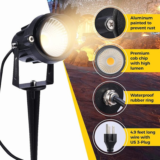 Outdoor Landscape Lighting 10W,120V AC,Warm White Waterproof LED Landscape Lights for Yard,Patio,Lawn, Wall, Flood,Driveway,Tree Lighting,Metal Ground Stake (2 Packs)