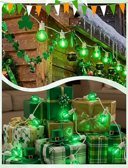 G40 LED St. Patrick's Day String Lights Outdoor, 25Ft St Patricks Decorations Lights Outdoor with Clear Green Round Bulbs, Hanging Patio Lights Shatterproof for Indoor Home Decor Party, White Wire