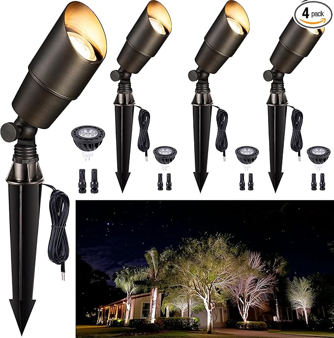 Gardenreet Brass Landscape Lighting - Outdoor Low Voltage Spotlights LED, 12V Wired Uplights, Waterproof Spot Lights, Antique Bronze for Outside Trees with 5W 4000K Natural White MR16 Bulb (4 Pack)