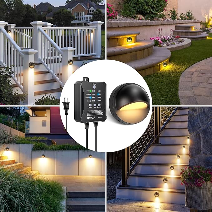 8 Pack Low Voltage LED Deck Lights Kit with Plug-in Transformer, Dusk-to-Dawn Photocell Sensor and Timer, IP67 Waterproof 3000K Outdoor Step Stair Lights for Deck, Patio, Fence and Landscape Lighting