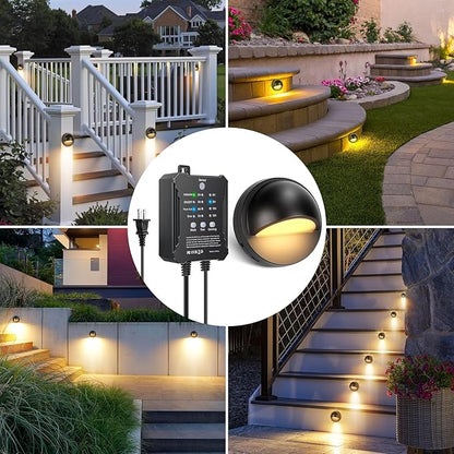 8 Pack Low Voltage LED Deck Lights Kit with Plug-in Transformer, Dusk-to-Dawn Photocell Sensor and Timer, IP67 Waterproof 3000K Outdoor Step Stair Lights for Deck, Patio, Fence and Landscape Lighting