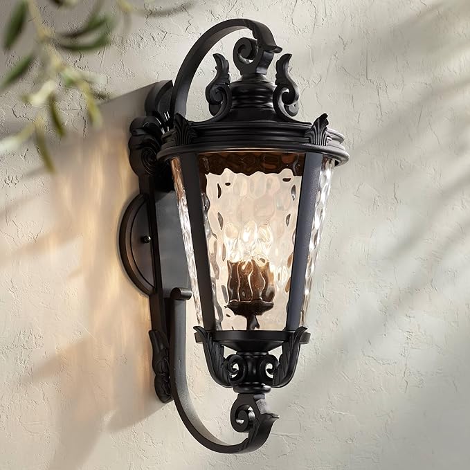 John Timberland Marseille Vintage Large Outdoor Wall Light Fixture Textured Black Scroll 36" Clear Hammered Glass | Lumora