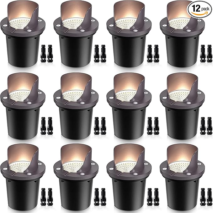 SUNVIE 12 Pack Low Voltage Landscape Lighting 12W LED Outdoor In-Ground Waterproof Shielded Well Lights Warm White | Lumora