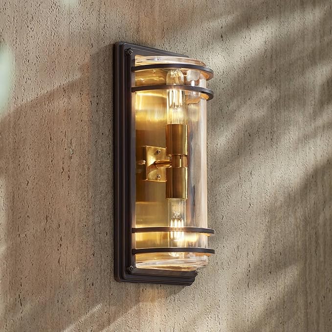 John Timberland Habitat Modern Industrial Outdoor Wall Light Fixture Bronze Warm Brass Steel 16" Clear Glass for Exterior House Porch Patio Outside Deck Garage Yard Front Door Garden Home