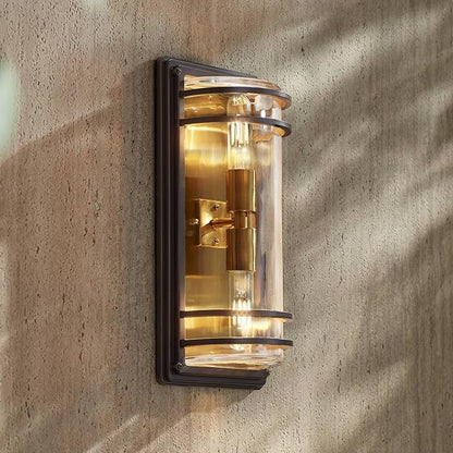 John Timberland Habitat Modern Industrial Outdoor Wall Light Fixture Bronze Warm Brass Steel 16" Clear Glass for Exterior House Porch Patio Outside Deck Garage Yard Front Door Garden Home