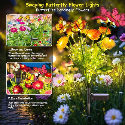 GARPAR Solar Garden Decor, 3 Pack Solar Lights with 9 Butterflies & 21 Blooming Flowers, Solar Flowers Outdoor Waterproof, Garden Lights for Outdoor Decorations