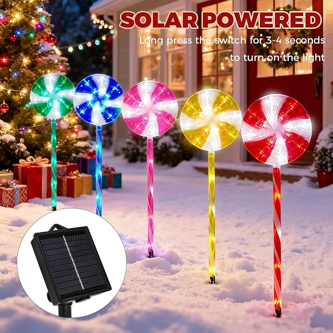 BRIGHTDECK Lollipop Solar Christmas Pathway Lights Outdoor, 5 Pack LED Christmas Decor with 8 Lighting Modes, Light Up Solar Stake Lights for Holiday, Xmas, Walkway, Sidewalk(Multicolour, 5 PCS)
