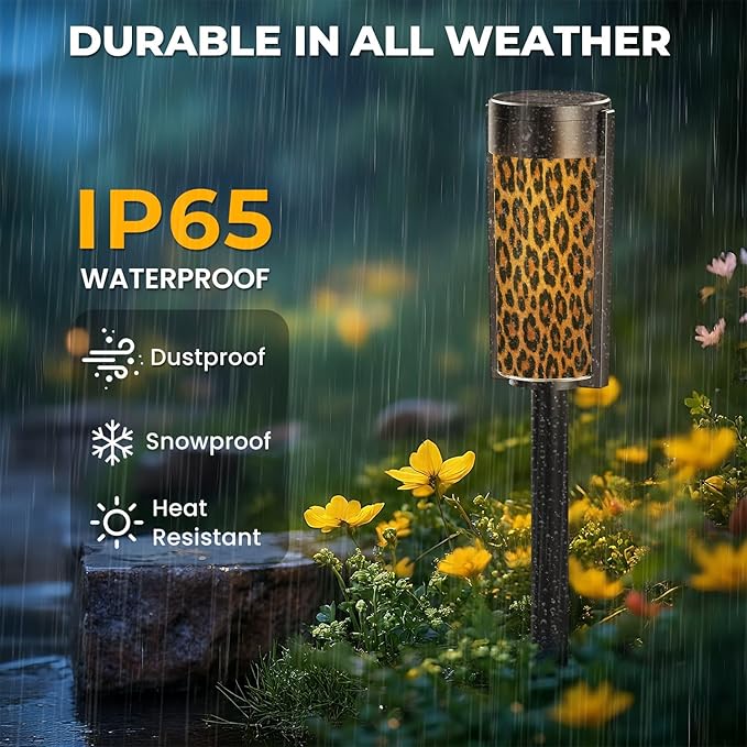 4 Pack Solar Pathway Lights Outdoor Waterproof Animal Skin Leopard Seamless Design Leopard Cheetah Panther Fur Solar Garden Lights LED Landscape Lighting for Yard Walkway Lawn Garden Decor