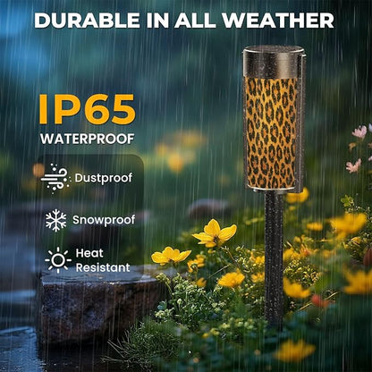4 Pack Solar Pathway Lights Outdoor Waterproof Animal Skin Leopard Seamless Design Leopard Cheetah Panther Fur Solar Garden Lights LED Landscape Lighting for Yard Walkway Lawn Garden Decor