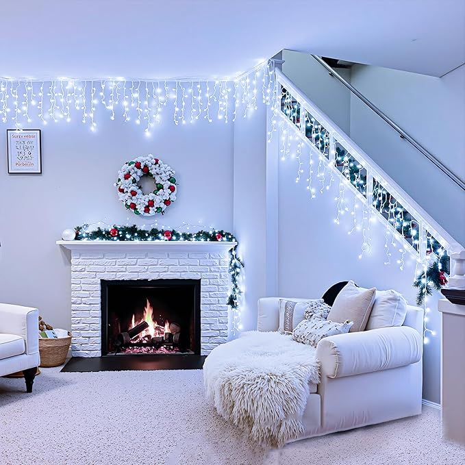 Icicle lights Outdoor - 33ft Christmas Lights with 400LED 75 Drops 8 Modes, Plug in Curtain String Lights Waterproof for Holiday Wedding Party Home Garden Bedroom Indoor Outdoor Decoration, Cool White
