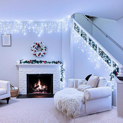 Icicle lights Outdoor - 33ft Christmas Lights with 400LED 75 Drops 8 Modes, Plug in Curtain String Lights Waterproof for Holiday Wedding Party Home Garden Bedroom Indoor Outdoor Decoration, Cool White